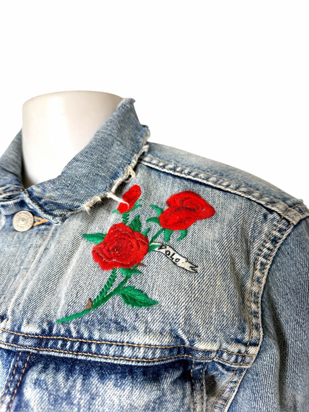 NWT Polo Ralph Lauren Distressed Denim Jacket Rose Embroidered Flag Patch Small - Picture 3 of 12